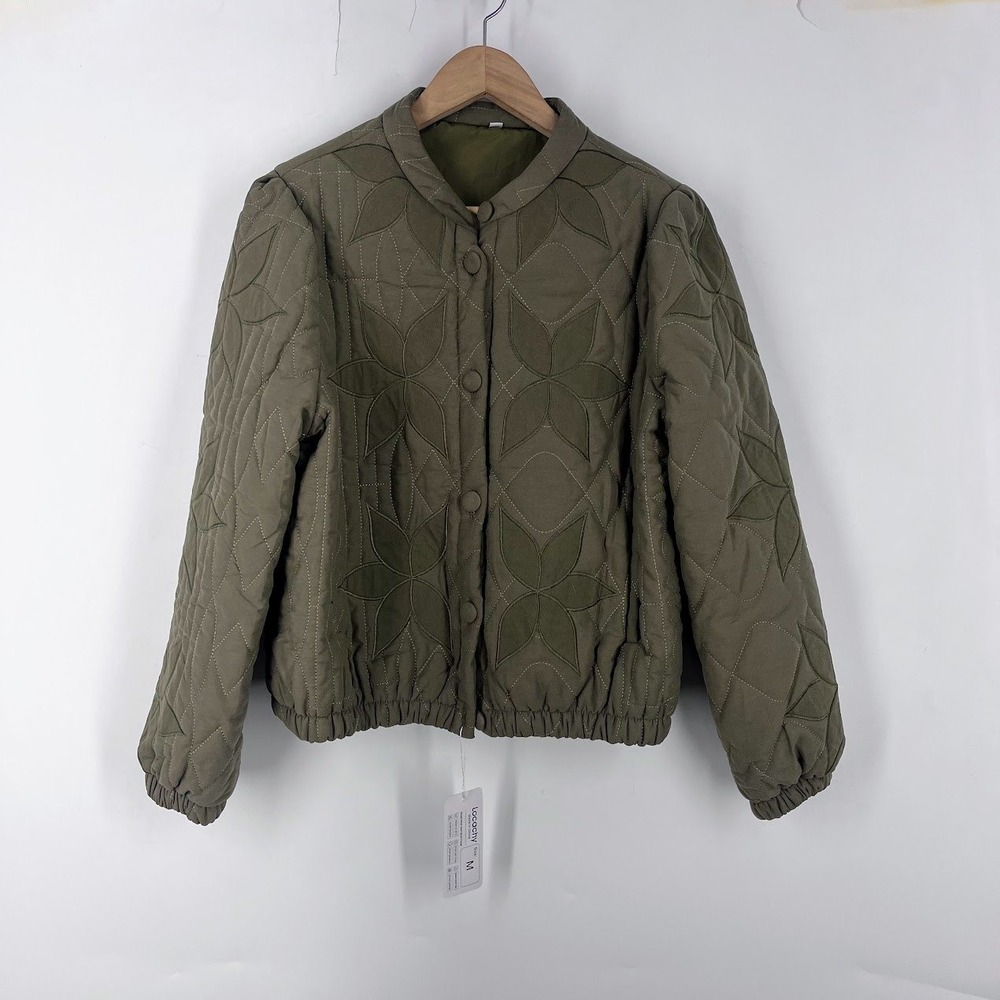 Locachy Womens Olive Green Quilted Floral Bomber Jacket Button Front Size M NEW
